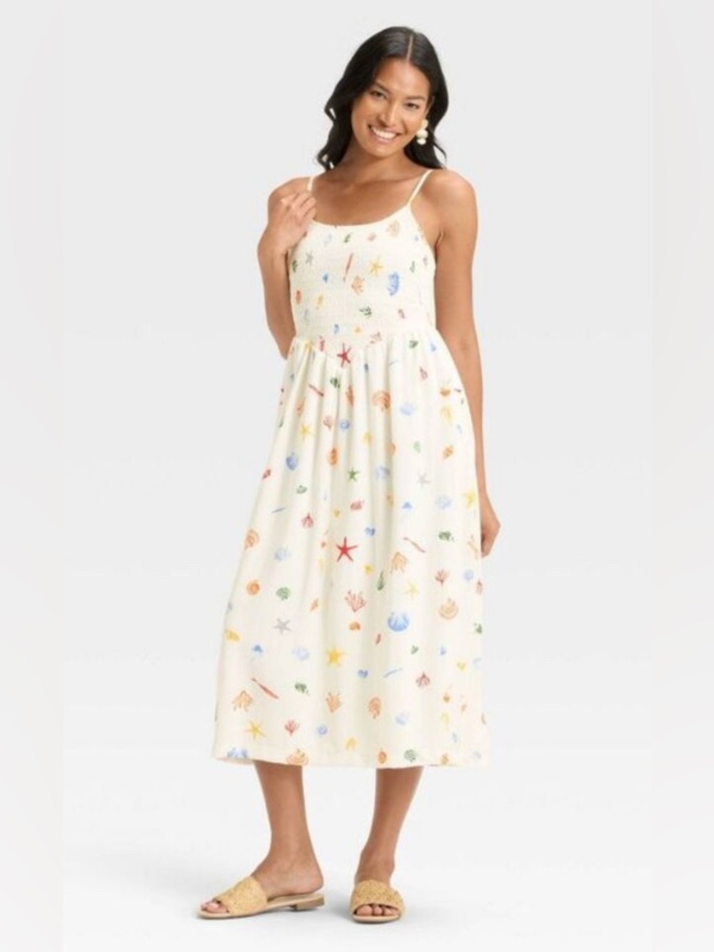 Smocked Cream Maxi Dress with Multicolor Sea Life Print